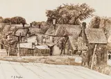 Rooftops in Hull, Quebec by E. J. Hughes, 1945, ink on paper, sold Nov 2025