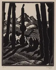 Totem Poles No. 4 (Departing People) by Edwin Holgate, woodcut on paper, sold Nov 2025