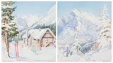 Skiing Scenes by Edward Goodall, watercolours on paper, sold Nov 2025