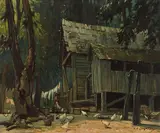 Homestead in Forest by Alfred Crocker Leighton, oil on canvas on board, sold Nov 2025