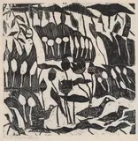 August: Reeds, Lotuses, Bulrushes, and a Family of Waterfowl by Shikō Munakata, woodblock print on paper, sold Oct 2025