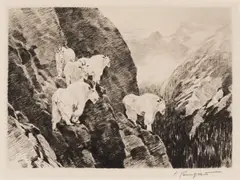 Goats by Carl Rungius, etching on paper, sold Oct 2025