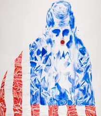 Older Than Cronkite by Jason Fox, acrylic and clown nose on canvas, sold Oct 2025