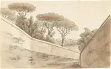 Römischer Pinienhain hinter einer Wegmauer by Friedrich von Olivier, Um 1818, Feder in Schwarz, braun laviert, über Bleistift auf Bütten, sold Jun 2023