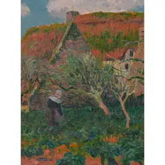Bretonne jardinant près des chaumières by Henry Moret, Huile sur toile, sold Nov 2016