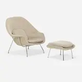 Womb chair and ottoman by Eero Saarinen, upholstery, chrome-plated steel, sold May 2023