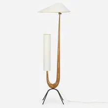 Floor lamp by Rispal, c. 1950, teak, iron, linen, brass, sold May 2023