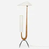 Floor lamp by Rispal, c. 1950, teak, iron, linen, brass, sold May 2023