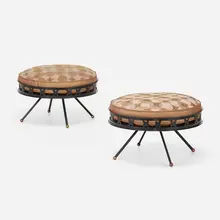 Ottomans, pair by Ritts Co., c. 1955, enameled steel, upholstery, sold May 2023