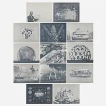 Inventions: Twelve Around One portfolio (thirteen works) by Buckminster Fuller, screenprint on Lenox paper with screenprint on polyester film overlay, sold May 2023