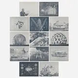 Inventions: Twelve Around One portfolio (thirteen works) by Buckminster Fuller, screenprint on Lenox paper with screenprint on polyester film overlay, sold May 2023
