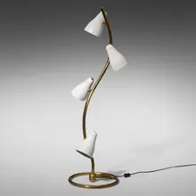 Table lamp by Modern, c. 1960, brass, enameled aluminum, sold May 2023