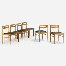 Dining chairs, set of six by H.W. Klein, c. 1965, oak, vinyl, sold Apr 2023