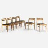 Dining chairs, set of six by H.W. Klein, c. 1965, oak, vinyl, sold Apr 2023