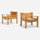 Natura lounge chairs, pair by Karin Mobring, 1977, pine, leather, sold Apr 2023