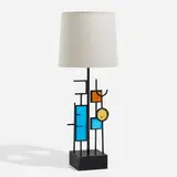 Table lamp by Svend Aage Holm-Sørensen, c. 1965, enameled aluminum, enameled steel, glass, linen shade, sold Apr 2023