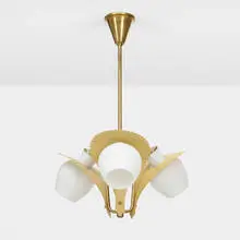 Ceiling lamp by Bengt Karlby, c. 1955, brass, enameled aluminum, milk glass, sold Apr 2023