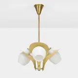 Ceiling lamp by Bengt Karlby, c. 1955, brass, enameled aluminum, milk glass, sold Apr 2023