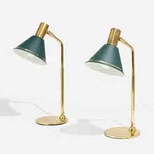 Table lamps, pair by Örsjö Industri Ab, c. 1975, brass, enameled aluminum, sold Apr 2023