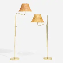 Adjustable floor lamps model G132, pair by Bergboms, c. 1980, brass, rattan, sold Apr 2023
