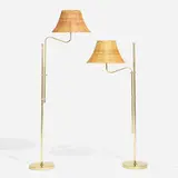 Adjustable floor lamps model G132, pair by Bergboms, c. 1980, brass, rattan, sold Apr 2023