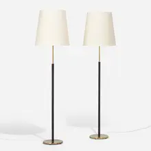 Floor lamps, pair by Falkenbergs Belysning, c. 1965, brass, leather, linen shades, sold Apr 2023