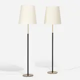 Floor lamps, pair by Falkenbergs Belysning, c. 1965, brass, leather, linen shades, sold Apr 2023