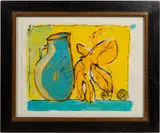 Still Life with Blue Pitcher and Yellow Leaf - 1996 by Jean-Pierre Bourquin, watercolor on paper, sold Dec 2024