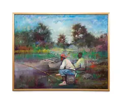 Untitled - Two Young Men Fishing by William Tolliver, oil on canvas, sold Dec 2024