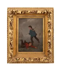 La Chute au Patinage by Frans De Beul, oil on board, sold Jan 2025