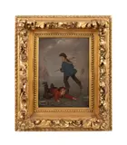 La Chute au Patinage by Frans De Beul, oil on board, sold Jan 2025