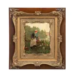 Untitled - Lady in a Garden by Louis Dubois, oil on canvas, sold Jan 2025