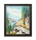 Untitled - Coastal Mountain View with Seagulls by Ben Edgar Shute, oil on board, sold Jan 2025