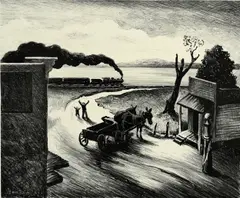Untitled by Thomas Hart Benton, lithograph on paper "Edge of Town (Missouri)", sold Oct 2018