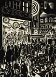 Untitled by Franz Masereel, woodcut on paper of a busy city street, offered Oct 2018