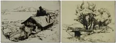 Hillside Cottage by Frederick Robbins, drypoint etchings on paper, sold Oct 2018