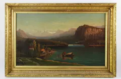 landscape with cliff and boat by Charles Betton Russ, oil on canvas, sold Jun 2023