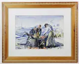 men cleaning fish by Alice K. Stoddard, watercolor, sold Jun 2023