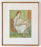 Woman in Subway by Joseph Solman, gouache on newspaper, sold Jun 2023