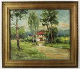 farm landscape by Eugeniusz Dzierżencki, oil on canvas, sold Jun 2023