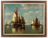 Ships at Sea by Auguste Musin, oil on canvas, sold Jun 2023