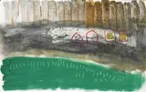 Abstracted Landscape with Red Circles Above Green Field by Charles Gassner, pastel acrylic and a resist on paper, sold Nov 2021