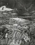 Surreal Landscape With Circus Figures by Hardy Botha, etching, sold Nov 2021