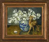 Still Life with White Sweet peas and Faun by Frans Oerder, oil on canvas mounted on board, sold Nov 2021