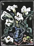 Still Life With Arum Lilies by Gregoire Boonzaier, linocut with watercolour, sold Nov 2021