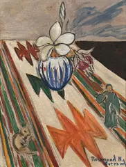 Assembled Still Life with Frangipani and Figurines by Rosamund Everard-Steenkamp, oil on canvas mounted on board, sold Nov 2021