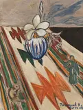 Assembled Still Life with Frangipani and Figurines by Rosamund Everard-Steenkamp, oil on canvas mounted on board, sold Nov 2021