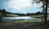 Landscape with Lake and Distant Farm House by Hannes Du Plessis, 1997, oil on canvas, sold Nov 2021