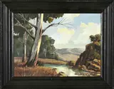 Landscape with Rock Pool and Blue Gum Trees by Christopher Tugwell, oil on canvas mounted on board, sold Nov 2021
