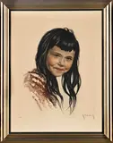 Portrait of a Girl with Black Hair by Indistinctly Signed, lithograph with embossing, sold Nov 2021